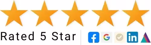 Five gold stars with "Rated 5 Star" text and social media icons for RS Gonzales HVAC marketing agency.